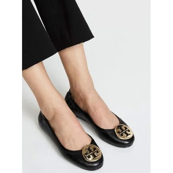 Tory Burch Reva Black Leather Ballet Flats Gold Logo Medallion Size 11 - Picture 1 of 10